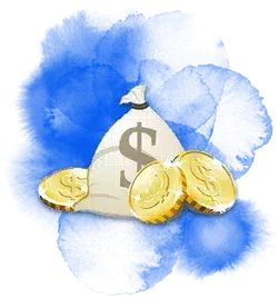 Illustrasjon av en pengepose med dollartegn og gullmynter som symboliserer en casinobonus.