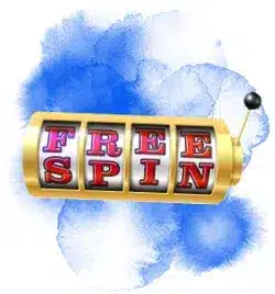 Illustrasjon av en spilleautomat med teksten FREE SPIN mot en blå akvarellbakgrunn.