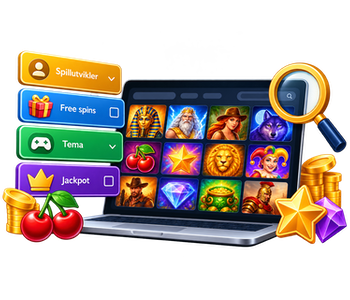 Illustrasjon av et nettcasino med flere slots, søkefunksjon og filtre for å finne passende spill